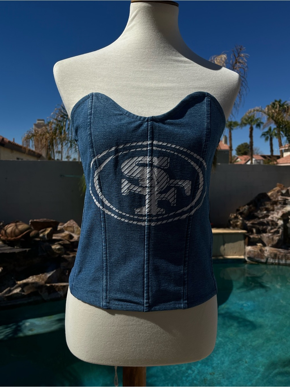 San Fransisco 49ers Strapless Blue Denim Corset Camisole with team White Logo
